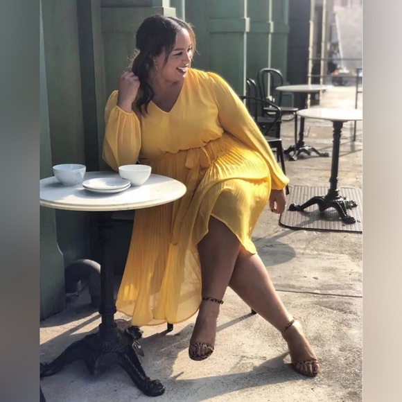 BeautiCurve x Lane Bryant Yellow Pleated Dress Sz 14 Chiffon Summer Cottagecore - Picture 1 of 4
